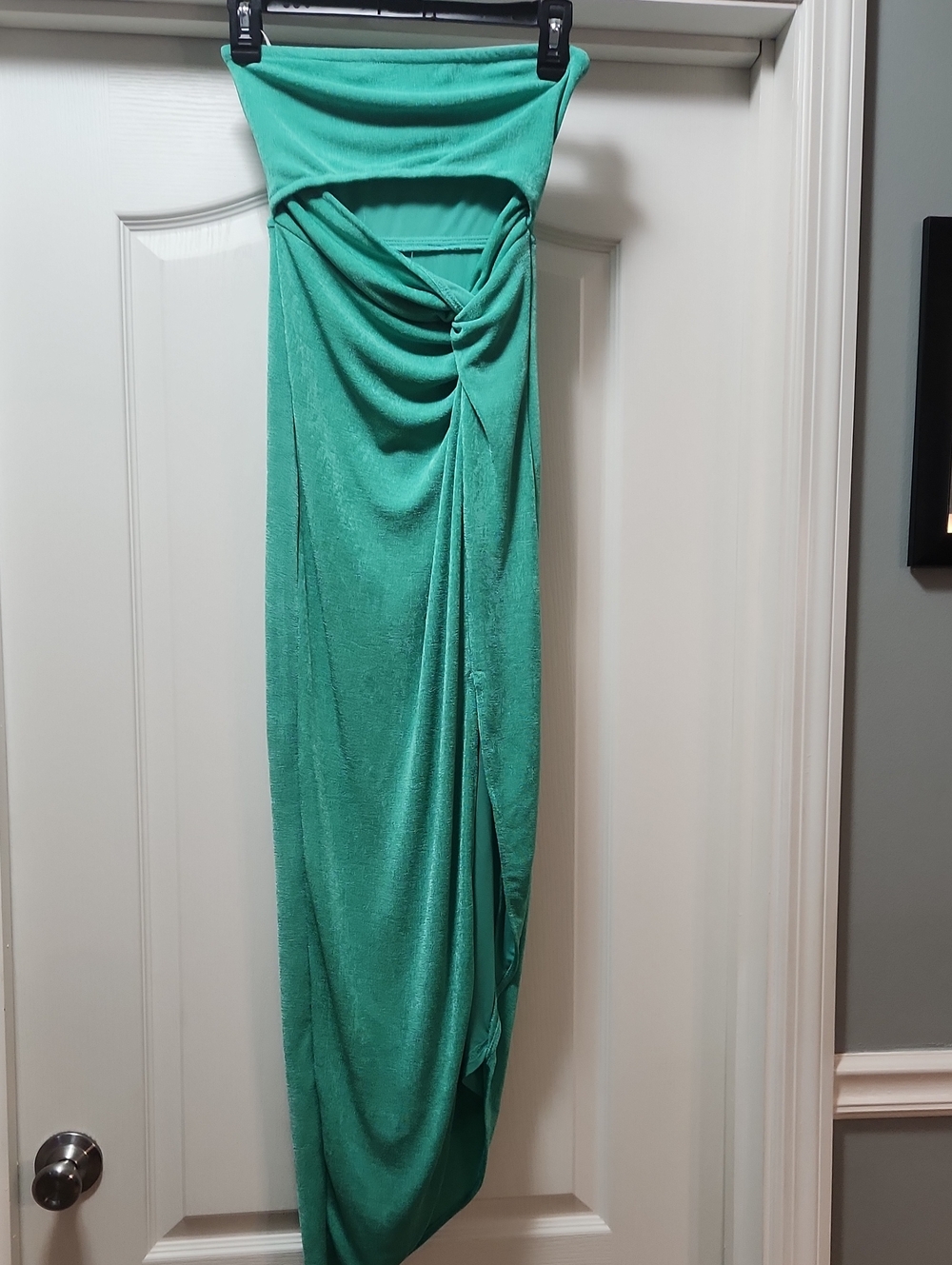 Hello Molly Teal Twist-Front Strapless Maxi Dress